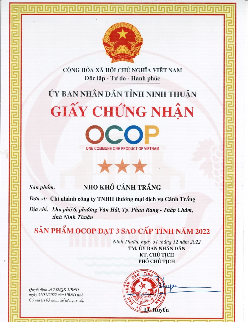CHỨNG NHẬN OCOP NHO KHÔ CÁNH TRẮNG